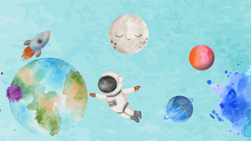 Astronaut im All, Erde und Planeten - Zeichnung